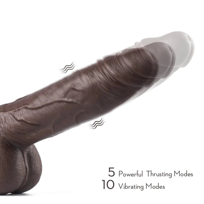 Black Warrior 8.7-Inch Remote Control 5 Thrusting 10 Vibrating Rotating Dildo in Dark Brown