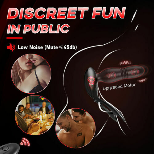 Low Noise 10 Thrusting & Vibrating Double Cock Rings Silicone Prostate Massager