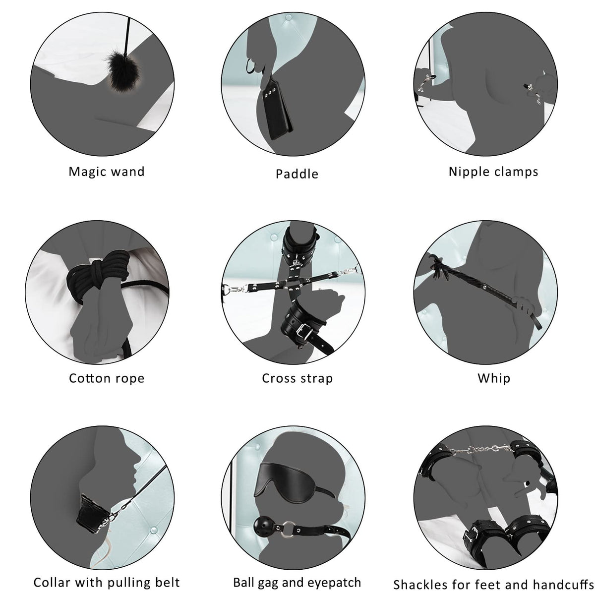 11 Pcs BDSM Leather Bondage Sets Restraint Kits for Women and Couples