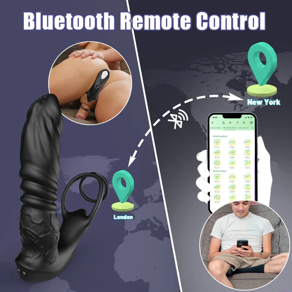 Bluetooth Remote Control 9 Thrusting Vibrating Prostate Massager with Penis Ring